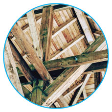 Wood roof structure from inside from the attick
